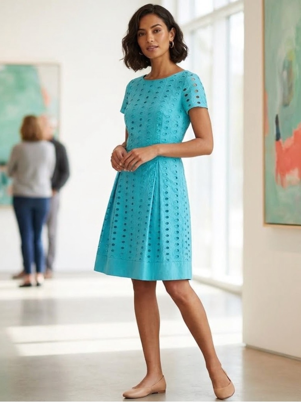 Alex Marie Blue Fit and Flare Midi Dress with Puff Sleeves